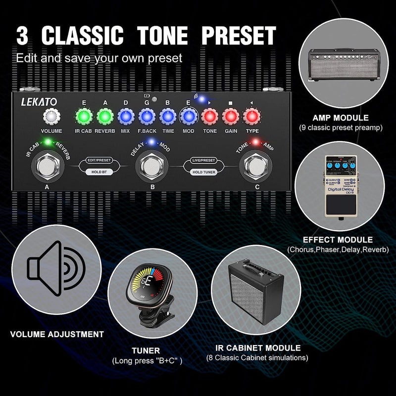LEKATO Multi Effects Guitar Pedal, with IR Loading 9 AMP Models, Delay Reverb Distortion Overdrive Pedal, Rechargable Electric Guitar Effects Multi Pedal Support Recording,Bluetooth 5.0 - Image 2